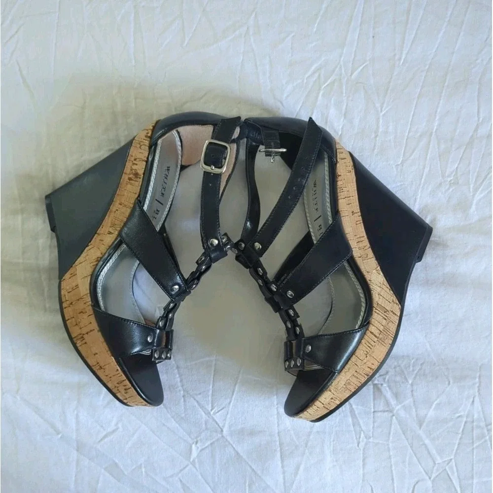 WHBM Wedge Sandals Black Leather Studded Strappy Sz 6M Edgy Goth Punk Going Out
